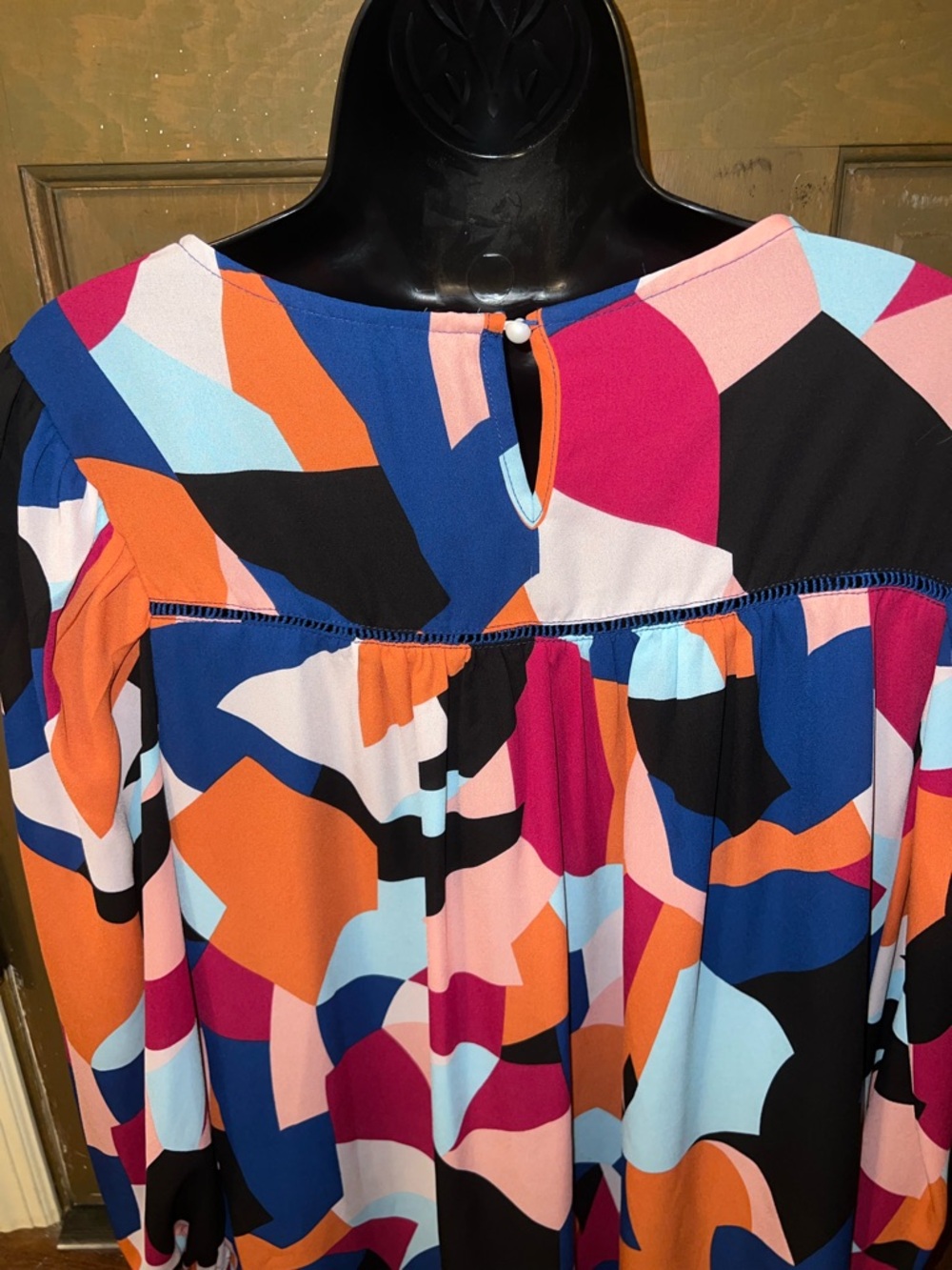 Orange Abstract Retro Multicolor Boho Chic Ruffled Puff Sleeve Blouse Size XL - Picture 6 of 10